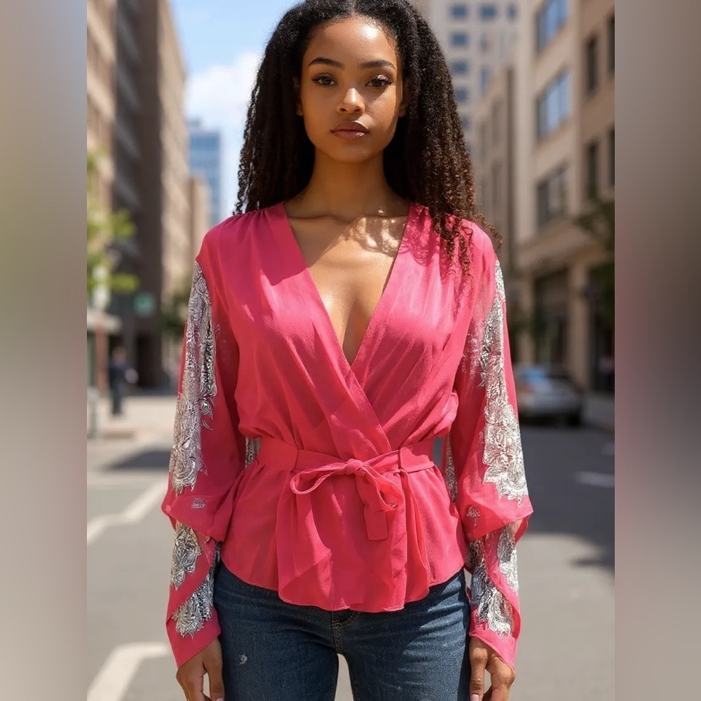 BCBGMaxAzria Silk Boho Crossover Top
